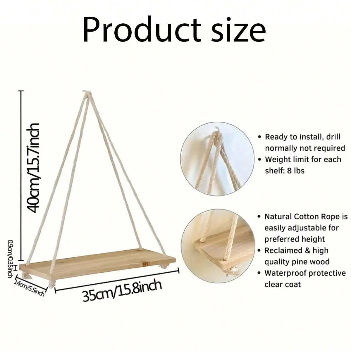1PCS Wall decoration hanging rope flower pot storage rack wall hanging wooden storage rack, hanging decoration, home decoration