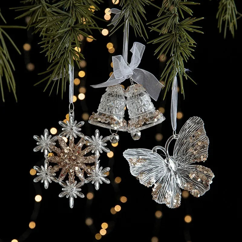 Christmas Decorations Sequin Acrylic Pendant Transparent Snowflake Butterfly Elk Xmas Tree Hanging Ornaments Merry Christmas