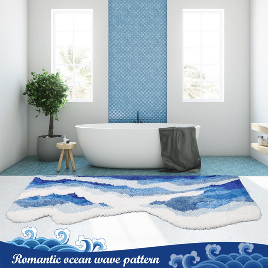 Blue Wave Rug Aesthetic Tufting Antislip Carpet Mini Bathroom Mat Ocean Sea Tufted Carpet House Decoration Kid Room Bedside Rug